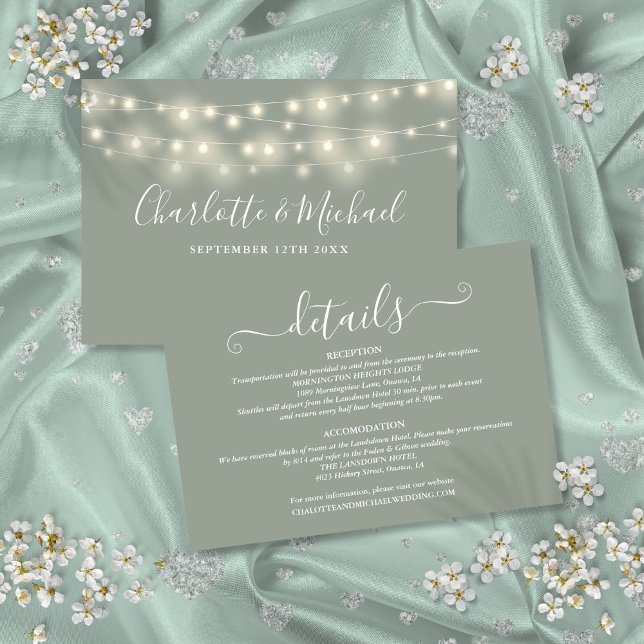 Bröllopsdetaljer Spring Lights Script Sage Green Tilläggskort (Wedding Details Spring Lights Script Sage Green Enclosure Card)