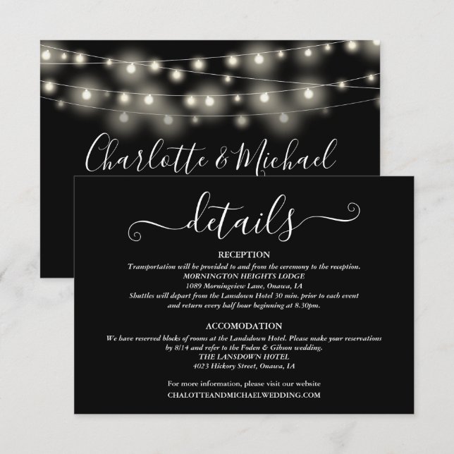 Bröllopsdetaljer Spring Lights Script Svart Vitt Tilläggskort (Fram/baksida)