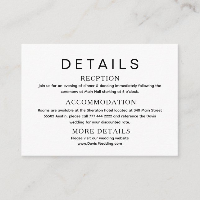 Bröllopsdetaljer svart & vit webbplatskort tilläggskort (Framsida)