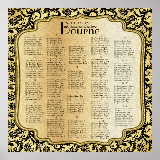 Bröllopsdiagram för guld & svarta skugga poster (Framsidan)