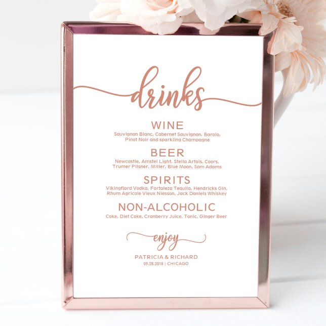 Bröllopsdryckesbarmeny Rose Gold Kalligrafi Poster (Skapare uppladdad)