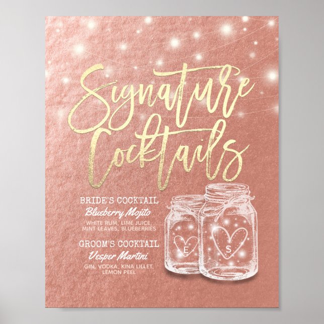 Bröllopsdryckmeny Mason Jars Rose Gold Poster (Framsidan)