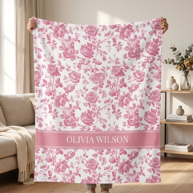 Bröllopsdusch | Anpassad mors dag rosa blommor Fleecefilt (Custom Chinoiserie Teacher Gift Blanket | Elegant Pink Nursery Custom Fleece Blanket | Bridal Shower)