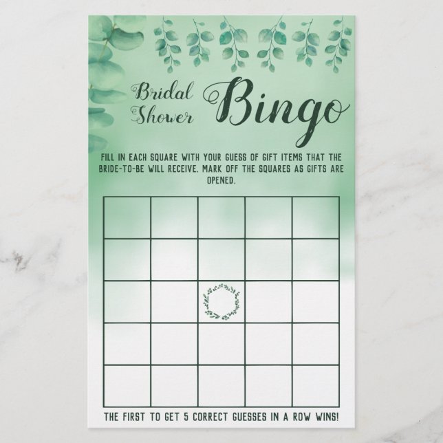 Brollopsdusch Bingo Grönska Eucalyptus Spelkort Flygblad (Framsidan)