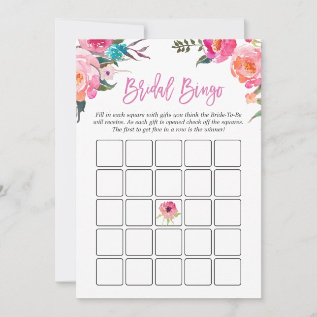 Bröllopsdusch Bingo Spel | Vattenfärg Rosa Blommor (Framsida)