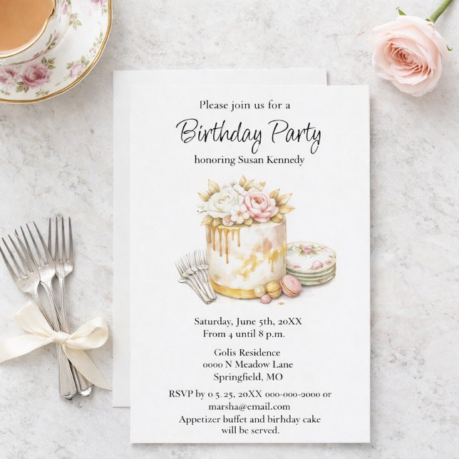 Bröllopsdusch Blush Rosa & Guld Tårta Inbjudningar (Elegant watercolor birthday invitation with gold drip cake, floral china, perfect for parties.)
