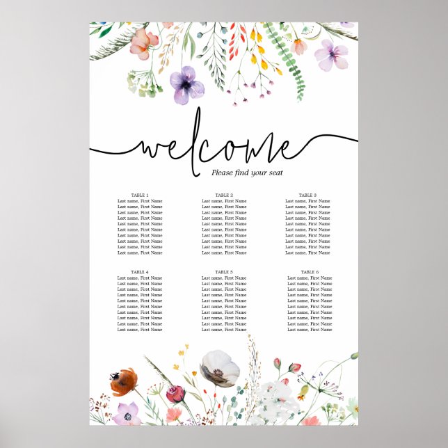 Bröllopsdusch Bordsplacering för Vilda Blommor Poster (Framsidan)