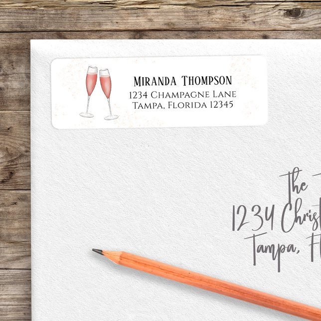 Bröllopsdusch Champagne Vattenfärg Rosa Returadress Etikett (Pink champagne return address label with bubbly champagne artwork. )