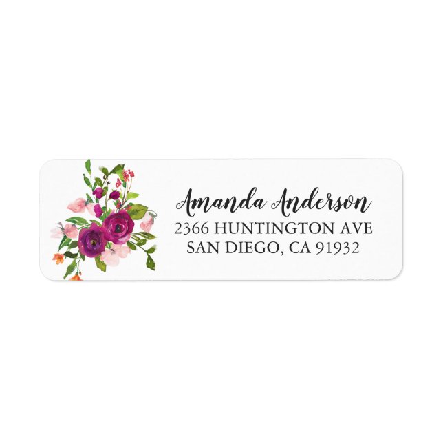 Bröllopsdusch Etiketter Rosa & Marsala Blommor Returadress Etikett (Framsidan)