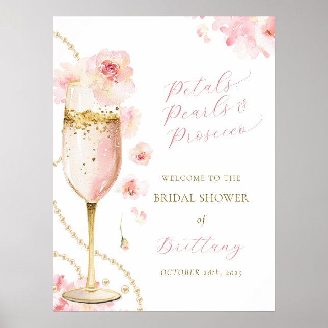 Bröllopsdusch för Blush Petals Pearls Prosecco Poster (Framsidan)