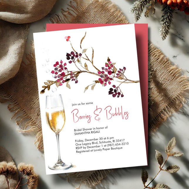 Bröllopsdusch för Bröllop & Bubblor Julfest  Inbjudningar (Bridal Shower invitations brunch and bubbly fall and winter design botanical berries and champagne)