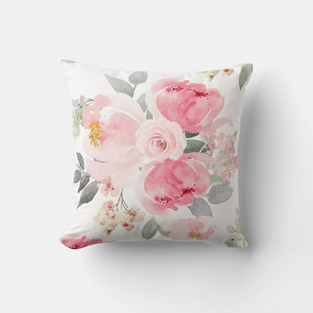 Bröllopsdusch för brud Blush Rosa Vattenfärg Blomm Kudde (Framsida)