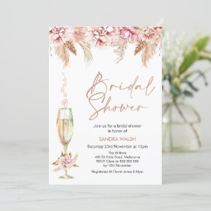 Bröllopsdusch för Floral Champagneglas Boho Pampas Inbjudningar