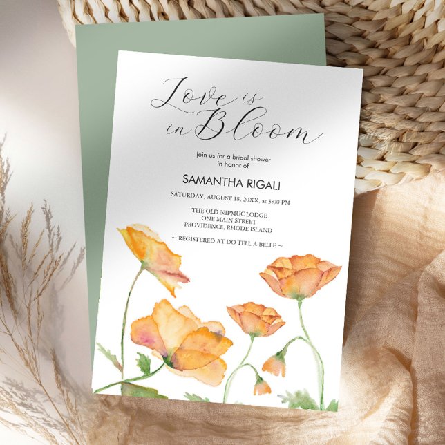 Bröllopsdusch för Love Is In Bloom Orange Blommig Inbjudningar (Love is in bloom bridal shower watercolor orange poppy flowers by Victoria Grigaliunas DoTellABelle)