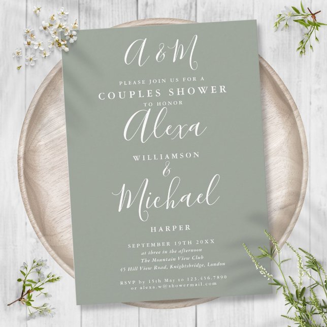 Bröllopsdusch för par med monogram i sagegrönt inbjudningar (Script Monogram Sage Green Couples Wedding Shower Invitation)