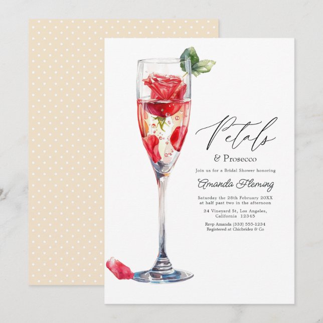 Bröllopsdusch för Petals & Prosecco Champagne Inbjudningar (Fram/baksida)