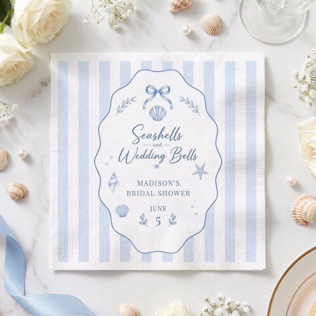 Bröllopsdusch för Snigelskal Blårandig Slinga Pappersservett (Seashell Bridal Shower Blue Striped Bow Napkins)