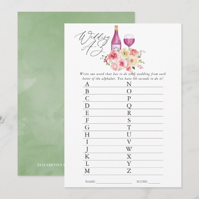 Bröllopsdusch för vinprovning med blommor A-Z spel Inbjudningar (Fram/baksida)