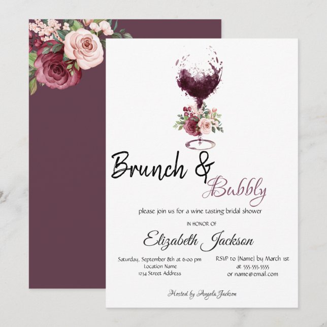 Bröllopsdusch för Wine Glass Floral Brunch & Bubbl Inbjudningar (Fram/baksida)