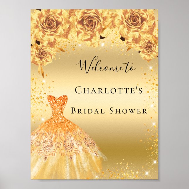 Bröllopsdusch guld glitterklänning blommor välkomm poster (Framsidan)