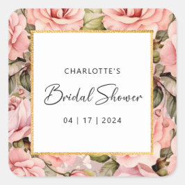 Bröllopsdusch i akvarell med rosor i rosaton fyrkantigt klistermärke
