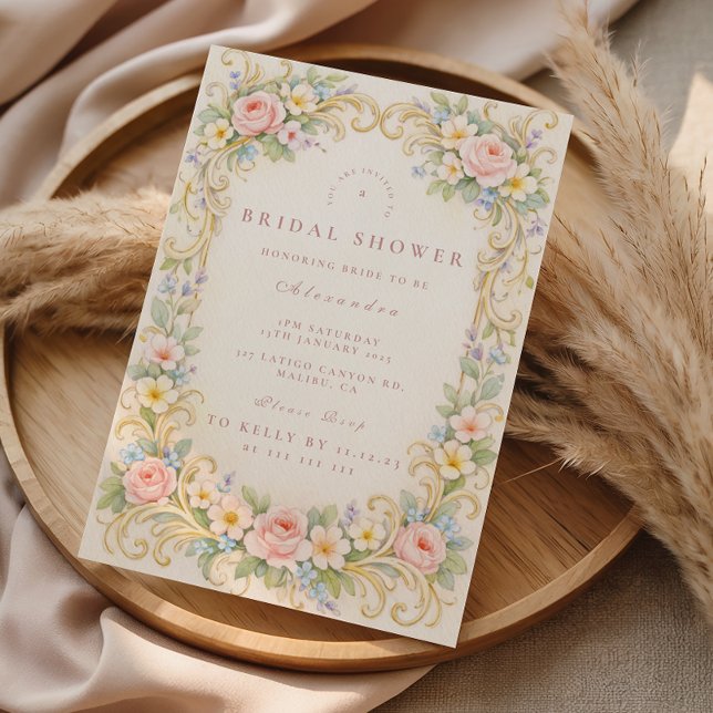Bröllopsdusch i barockstil med rosafärgade blommor inbjudningar (Skapare uppladdad)