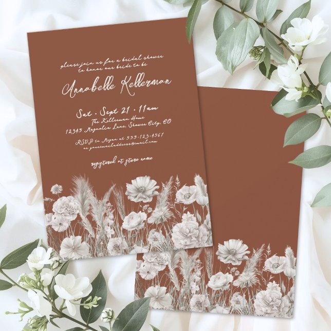 Bröllopsdusch i bränd orange med blomsterinspirera inbjudningar (Burnt Orange Floral Boho Bridal Shower Invitation )