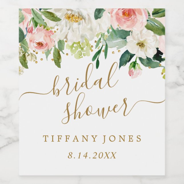 Bröllopsdusch i guld rosa konfetti med blomsternya vinflaska etikett (Singel etikett)