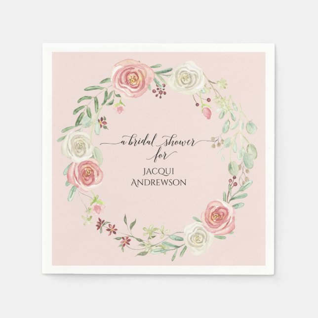 Bröllopsdusch i Rosa Elfenben Ivory Ros Blommig Ak Pappersservett (Framsidan)