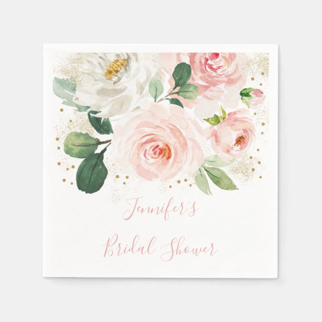 Bröllopsdusch i Rosa Guld och Blommor Pappersservett (Framsidan)