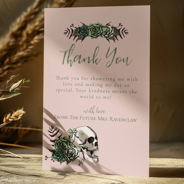 Bröllopsdusch i rosa med blommor och dödskalle med tack kort (Blush Pink Irish Gothic Thank You Card. Bridal Shower or St. Patrick's Day. Hand Drawn Skull  Roses)