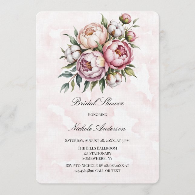 Bröllopsdusch i Rosa Peonie och Bomull Inbjudningar (Framsida)
