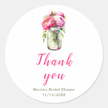 Bröllopsdusch i rosa pioner i murarljusburk