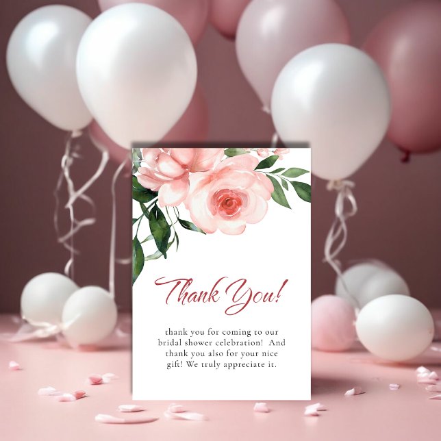 Bröllopsdusch i Rosa Ros Blommor Tack Kort (Blush Pink Rose Floral Bridal Shower Thank You Card)