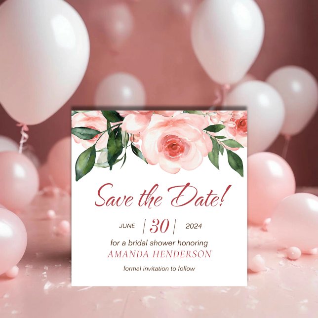 Bröllopsdusch i rosa ros blomster vattenfärg spara datumet (Blush Pink Rose Floral Watercolor Bridal Shower Save The Date)