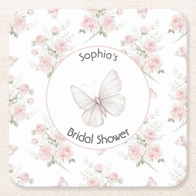 Bröllopsdusch i Rosa Rosor Slingor Underlägg Papper Kvadrat (Framsidan)