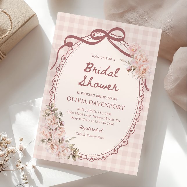 Bröllopsdusch i rosa rutiga blommor Coquette Inbjudningar (Skapare uppladdad)
