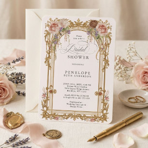 Bröllopsdusch i rosé med guld och blommor inbjudningar