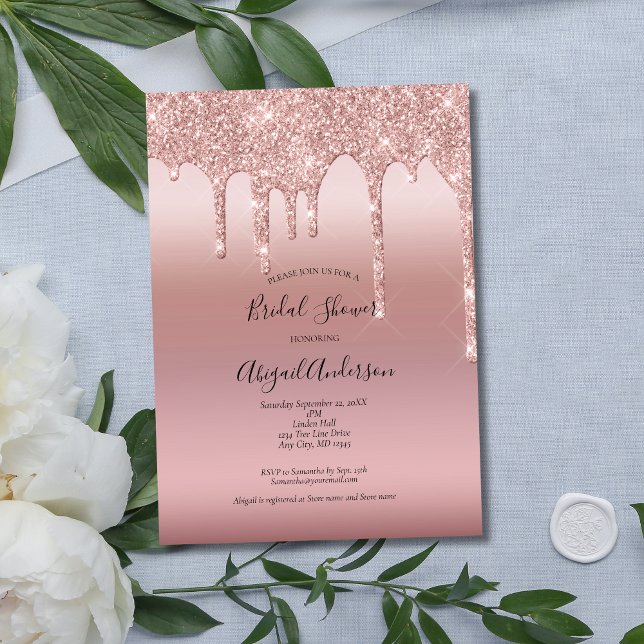 Bröllopsdusch i roséguld med droppande glitter inbjudningar (Blush Pink Rose Gold Dripping Glitter Bridal Shower invitation. Elegant Modern Trendy)