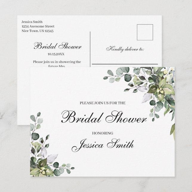 Bröllopsdusch-inbjudan för eukalyptus i form av vy vykort (Fram/baksida)