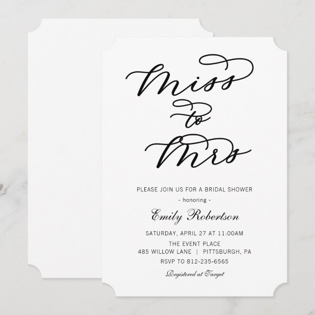 Bröllopsdusch-inbjudan från Fröken till Fru Inbjudningar (Fram/baksida)