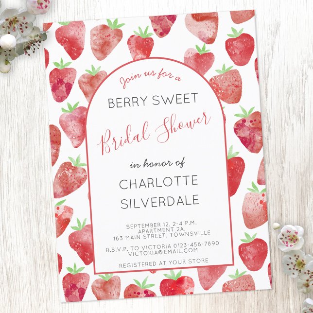 Bröllopsdusch-inbjudan med jordgubbtema vykort (Strawberry watercolor berry sweet bridal shower personalized invitation)