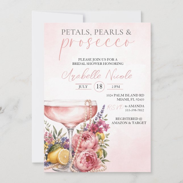 Bröllopsdusch-inbjudan med Petals, Pearls & Prosec (Framsida)