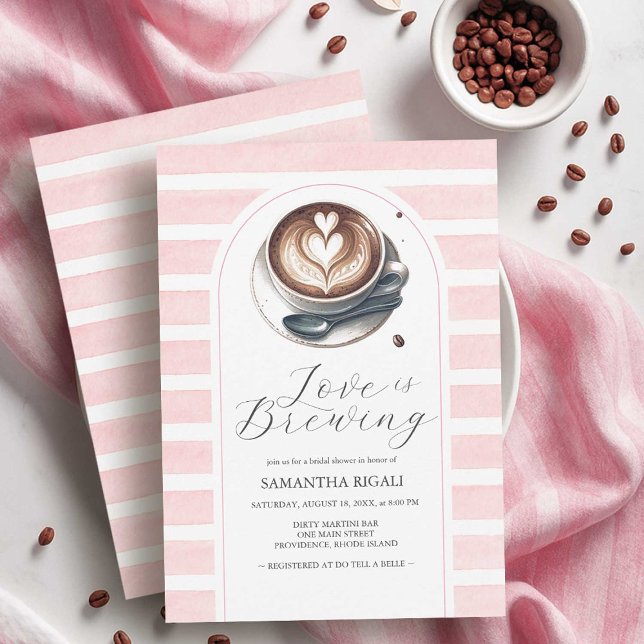 Bröllopsdusch-inbjudningar med "Pink Love Is Brewi Inbjudningar (pink love is brewing coffee bridal shower theme invitations on sale @ small business do tell a belle)