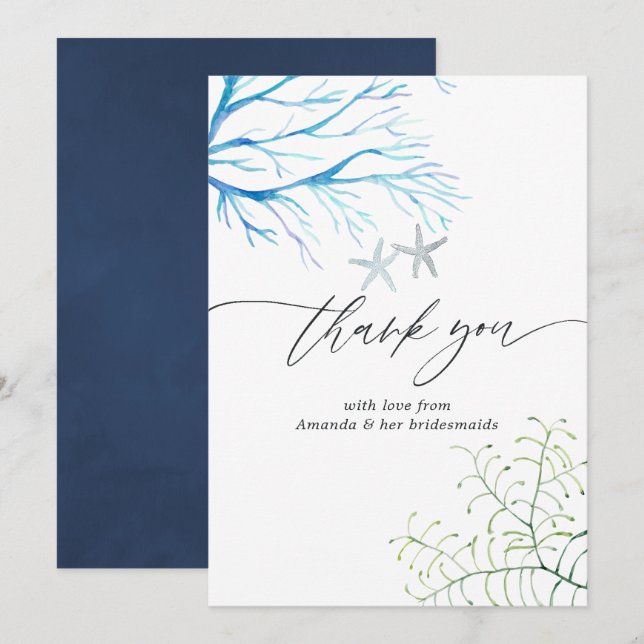 Bröllopsdusch med akvarell-tema havsalger och stra tack kort (Fram/baksida)