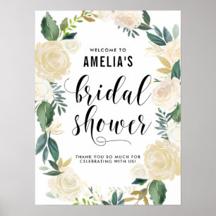 Bröllopsdusch med akvarellblommor och guldglitter poster