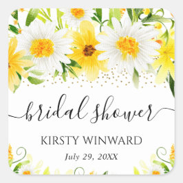 Bröllopsdusch med akvarelldaisyblommor och gula bl fyrkantigt klistermärke