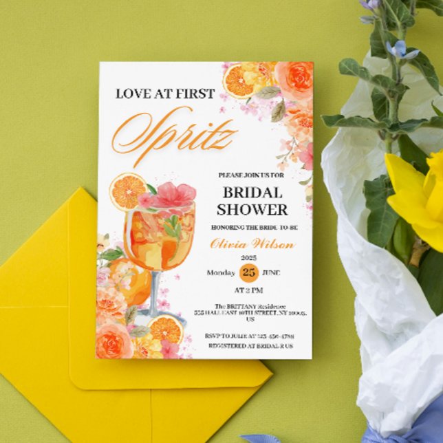 Bröllopsdusch med akvarellkärlek vid första spritz inbjudningar (Love at First Spritz Bridal Shower cocktail drink modern elegant chic citrus orange watercolor summe)