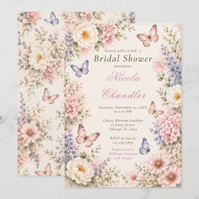 Bröllopsdusch med blommor och fjärilar inbjudningar (Fram/baksida)