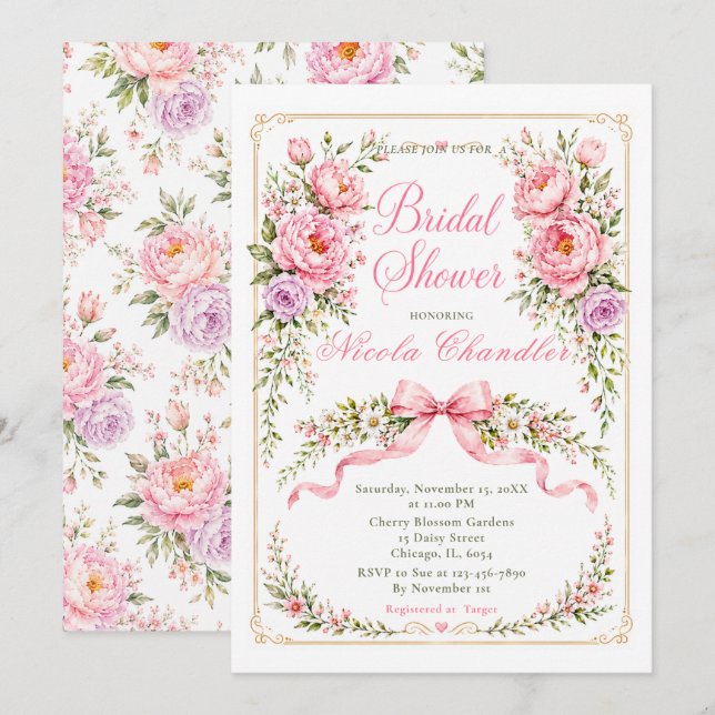 Bröllopsdusch med blommotiv inbjudningar (Fram/baksida)